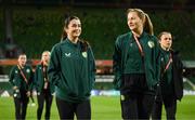 26 July 2023; Marissa Sheva, left, and Kyra Carusa of Republic of Ireland walk the pitch before the FIFA Women's World Cup 2023 Group B match between Republic of Ireland and Canada at Perth Rectangular Stadium in Perth, Australia. Photo by Stephen McCarthy/Sportsfile
