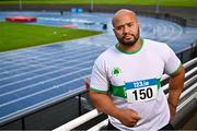 26 July 2023; Eric Favors of Raheny Shamrocks AC, Dublin, stands for a portrait during the 123.ie National Senior Track and Field Championships media day at Morton Stadium in Santry, Dublin. Photo by Sam Barnes/Sportsfile