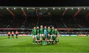 26 July 2023; The Republic of Ireland team, back row, from left, Áine O'Gorman, Kyra Carusa, Louise Quinn, Courtney Brosnan, Megan Connolly, Niamh Fahey, Ruesha Littlejohn with, front, from left, Denise O'Sullivan, Katie McCabe, Lucy Quinn and Sinead Farrelly before the FIFA Women's World Cup 2023 Group B match between Republic of Ireland and Canada at Perth Rectangular Stadium in Perth, Australia. Photo by Stephen McCarthy/Sportsfile