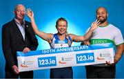 26 July 2023; Athletics Ireland Chief Executive Hamish Adams, left, with athletes Molly Scott of St Laurence O'Toole AC, Carlow, and Eric Favors of Raheny Shamrocks AC, during the 123.ie National Senior Track and Field Championships media day at Morton Stadium in Santry, Dublin. Photo by Sam Barnes/Sportsfile