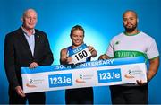 26 July 2023; Athletics Ireland Chief Executive Hamish Adams, left, with athletes Molly Scott of St Laurence O'Toole AC, Carlow, and Eric Favors of Raheny Shamrocks AC, during the 123.ie National Senior Track and Field Championships media day at Morton Stadium in Santry, Dublin. Photo by Sam Barnes/Sportsfile