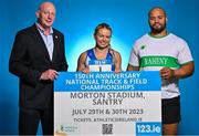 26 July 2023; Athletics Ireland Chief Executive Hamish Adams, left, with athletes Molly Scott of St Laurence O'Toole AC, Carlow, and Eric Favors of Raheny Shamrocks AC, during the 123.ie National Senior Track and Field Championships media day at Morton Stadium in Santry, Dublin. Photo by Sam Barnes/Sportsfile