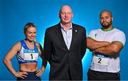 26 July 2023; Athletics Ireland Chief Executive Hamish Adams, with athletes Molly Scott of St Laurence O'Toole AC, Carlow, and Eric Favors of Raheny Shamrocks AC, during the 123.ie National Senior Track and Field Championships media day at Morton Stadium in Santry, Dublin. Photo by Sam Barnes/Sportsfile