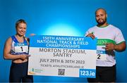 26 July 2023; Athletes Molly Scott of St Laurence O'Toole AC, Carlow, and Eric Favors of Raheny Shamrocks AC, during the 123.ie National Senior Track and Field Championships media day at Morton Stadium in Santry, Dublin. Photo by Sam Barnes/Sportsfile