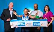 26 July 2023; In attendance during the 123.ie National Senior Track and Field Championships media day are, from left, Athletics Ireland Chief Executive Hamish Adams, Molly Scott of St Laurence O'Toole AC, Carlow, Eric Favors of Raheny Shamrocks AC, Dublin, and 123.ie managing director Elaine Robinson at Morton Stadium in Santry, Dublin. Photo by Sam Barnes/Sportsfile