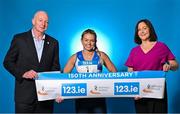 26 July 2023; In attendance during the 123.ie National Senior Track and Field Championships media day are, from left, Athletics Ireland Chief Executive Hamish Adams, Molly Scott of St Laurence O'Toole AC, Carlow, and 123.ie managing director Elaine Robinson at Morton Stadium in Santry, Dublin. Photo by Sam Barnes/Sportsfile