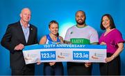 26 July 2023; In attendance during the 123.ie National Senior Track and Field Championships media day are, from left, Athletics Ireland Chief Executive Hamish Adams, Molly Scott of St Laurence O'Toole AC, Carlow, Eric Favors of Raheny Shamrocks AC, Dublin, and 123.ie managing director Elaine Robinson at Morton Stadium in Santry, Dublin. Photo by Sam Barnes/Sportsfile