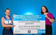 26 July 2023; In attendance during the 123.ie National Senior Track and Field Championships media day are Molly Scott of St Laurence O'Toole AC, Carlow, left,  and 123.ie managing director Elaine Robinson at Morton Stadium in Santry, Dublin. Photo by Sam Barnes/Sportsfile