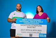 26 July 2023; In attendance during the 123.ie National Senior Track and Field Championships media day are, Eric Favors of Raheny Shamrocks AC, Dublin, and 123.ie managing director Elaine Robinson at Morton Stadium in Santry, Dublin. Photo by Sam Barnes/Sportsfile