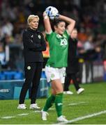 26 July 2023; Republic of Ireland manager Vera Pauw looks on as Marissa Sheva of Republic of Ireland takes a throw-in during the FIFA Women's World Cup 2023 Group B match between Canada and Republic of Ireland at Perth Rectangular Stadium in Perth, Australia. Photo by Stephen McCarthy/Sportsfile
