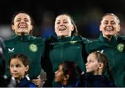 26 July 2023; Republic of Ireland players, from left, Áine O'Gorman, Lucy Quinn and Sinead Farrelly sing Amhrán na bhFiann before the FIFA Women's World Cup 2023 Group B match between Republic of Ireland and Canada at Perth Rectangular Stadium in Perth, Australia. Photo by Stephen McCarthy/Sportsfile
