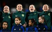 26 July 2023; Republic of Ireland players, from left, Denise O'Sullivan, Áine O'Gorman, Lucy Quinn and Sinead Farrelly sing Amhrán na bhFiann before the FIFA Women's World Cup 2023 Group B match between Republic of Ireland and Canada at Perth Rectangular Stadium in Perth, Australia. Photo by Stephen McCarthy/Sportsfile