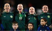 26 July 2023; Republic of Ireland players, from left, Megan Connolly, Ruesha Littlejohn, Denise O'Sullivan and Áine O'Gorman sing Amhrán na bhFiann before the FIFA Women's World Cup 2023 Group B match between Republic of Ireland and Canada at Perth Rectangular Stadium in Perth, Australia. Photo by Stephen McCarthy/Sportsfile