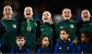26 July 2023; Republic of Ireland players, from left, Megan Connolly, Ruesha Littlejohn, Denise O'Sullivan, Áine O'Gorman and Lucy Quinn sing Amhrán na bhFiann before the FIFA Women's World Cup 2023 Group B match between Republic of Ireland and Canada at Perth Rectangular Stadium in Perth, Australia. Photo by Stephen McCarthy/Sportsfile
