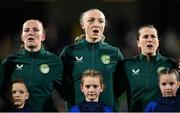 26 July 2023; Republic of Ireland players, from left, Courtney Brosnan, Louise Quinn and Niamh Fahey sing Amhrán na bhFiann before the FIFA Women's World Cup 2023 Group B match between Republic of Ireland and Canada at Perth Rectangular Stadium in Perth, Australia. Photo by Stephen McCarthy/Sportsfile