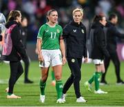 26 July 2023; Republic of Ireland captain Katie McCabe and manager Vera Pauw after the final whistle following their side's defeat in the FIFA Women's World Cup 2023 Group B match between Republic of Ireland and Canada at Perth Rectangular Stadium in Perth, Australia. Photo by Stephen McCarthy/Sportsfile