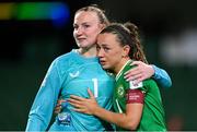 26 July 2023; Republic of Ireland captain Katie McCabe, right, and goalkeeper Courtney Brosnan after their side's defeat in the FIFA Women's World Cup 2023 Group B match between Republic of Ireland and Canada at Perth Rectangular Stadium in Perth, Australia. Photo by Stephen McCarthy/Sportsfile