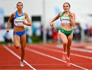26 July 2023; Enya Silkena of Team Ireland, right, competes in the heptathlon 200m during day three of the 2023 Summer European Youth Olympic Festival at Poljane Athletics Stadium in Maribor, Slovenia. Photo by Tyler Miller/Sportsfile