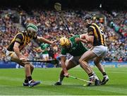 23 July 2023; Tom Morrissey of Limerick in action against Conor Fogarty, right, and Paddy Deegan of Kilkenny during the GAA Hurling All-Ireland Senior Championship final match between Kilkenny and Limerick at Croke Park in Dublin. Photo by Piaras Ó Mídheach/Sportsfile
