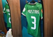 26 July 2023; The jersey of Chloe Mustaki hangs in the Republic of Ireland dressing room before during the FIFA Women's World Cup 2023 Group B match between Canada and Republic of Ireland at Perth Rectangular Stadium in Perth, Australia. Photo by Stephen McCarthy/Sportsfile
