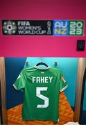 26 July 2023; The jersey of Niamh Fahey hangs in the Republic of Ireland dressing room before during the FIFA Women's World Cup 2023 Group B match between Canada and Republic of Ireland at Perth Rectangular Stadium in Perth, Australia. Photo by Stephen McCarthy/Sportsfile