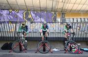 27 July 2023; Team Ireland cyclists, from left, Greta Lawless, Kate Murphy, and Aliyah Rafferty warm-up in the Ljudski Vrt Stadium before competing in the girls road race final during day four of the 2023 Summer European Youth Olympic Festival in Maribor, Slovenia. Photo by Tyler Miller/Sportsfile