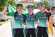 27 July 2023; Team Ireland cyclists, from left, Greta Lawless, Aliyah Rafferty, and Kate Murphy pose for a photograph after competing in the girls road race final during day four of the 2023 Summer European Youth Olympic Festival in Maribor, Slovenia. Photo by Tyler Miller/Sportsfile