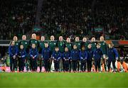 26 July 2023; Republic of Ireland players, from left, Katie McCabe, Courtney Brosnan, Louise Quinn, Niamh Fahey, Megan Connolly, Ruesha Littlejohn, Denise O'Sullivan, Áine O'Gorman, Lucy Quinn, Sinead Farrelly and Kyra Carusa stand for the playing of the National Anthem before the FIFA Women's World Cup 2023 Group B match between Canada and Republic of Ireland at Perth Rectangular Stadium in Perth, Australia. Photo by Stephen McCarthy/Sportsfile