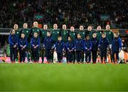 26 July 2023; Republic of Ireland players, from left, Katie McCabe, Courtney Brosnan, Louise Quinn, Niamh Fahey, Megan Connolly, Ruesha Littlejohn, Denise O'Sullivan, Áine O'Gorman, Lucy Quinn, Sinead Farrelly and Kyra Carusa stand for the playing of the National Anthem before the FIFA Women's World Cup 2023 Group B match between Canada and Republic of Ireland at Perth Rectangular Stadium in Perth, Australia. Photo by Stephen McCarthy/Sportsfile