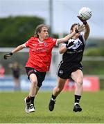 27 July 2023; Jaclyn Halliday of Canada in action against Annaig Flaux during day four of the FRS Recruitment GAA World Games 2023 at the Owenbeg Centre of Excellence in Dungiven, Derry. Photo by Piaras Ó Mídheach/Sportsfile