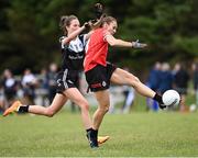 27 July 2023; Daphne Ballard of Canada in action against Johanna Duviver of Brittany during day four of the FRS Recruitment GAA World Games 2023 at the Owenbeg Centre of Excellence in Dungiven, Derry. Photo by Piaras Ó Mídheach/Sportsfile
