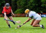 27 July 2023; Annie Driver of Britain 1, right, in action against Asia during day four of the FRS Recruitment GAA World Games 2023 at the Owenbeg Centre of Excellence in Dungiven, Derry. Photo by Piaras Ó Mídheach/Sportsfile