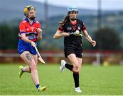 27 July 2023; Michelle Rochon of Canada in action against Jessica Frey of US Warriors, left, during day four of the FRS Recruitment GAA World Games 2023 at the Owenbeg Centre of Excellence in Dungiven, Derry. Photo by Piaras Ó Mídheach/Sportsfile