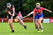 27 July 2023; Jenna Thompson of Canada in action against Jessica Frey of US Warriors, right, during day four of the FRS Recruitment GAA World Games 2023 at the Owenbeg Centre of Excellence in Dungiven, Derry. Photo by Piaras Ó Mídheach/Sportsfile