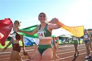 27 July 2023; Enya Silkena of Team Ireland after competing in the girls heptathlon 800m during day four of the 2023 Summer European Youth Olympic Festival at Poljane Athletics Stadium in Maribor, Slovenia. Photo by Tyler Miller/Sportsfile