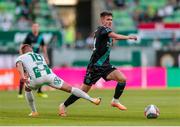 27 July 2023; Johnny Kenny of Shamrock Rovers in action against David Siger of Ferencvaros during the UEFA Europa Conference League Second Qualifying Round First Leg match between Ferencvaros and Shamrock Rovers at Ferencváros Stadion in Budapest, Hungary. Photo by David Balogh/Sportsfile