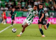 27 July 2023; Samy Mmaee of Ferencvaros in action against Johnny Kenny of Shamrock Rovers during the UEFA Europa Conference League Second Qualifying Round First Leg match between Ferencvaros and Shamrock Rovers at Ferencváros Stadion in Budapest, Hungary. Photo by David Balogh/Sportsfile