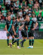 27 July 2023; Sean Hoare of Shamrock Rovers with teammates during the UEFA Europa Conference League Second Qualifying Round First Leg match between Ferencvaros and Shamrock Rovers at Ferencváros Stadion in Budapest, Hungary. Photo by David Balogh/Sportsfile