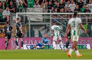 27 July 2023; Shamrock Rovers goalkeeper Alan Mannus makes a save during the UEFA Europa Conference League Second Qualifying Round First Leg match between Ferencvaros and Shamrock Rovers at Ferencváros Stadion in Budapest, Hungary. Photo by David Balogh/Sportsfile