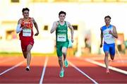 27 July 2023; Donal Martin of Team Ireland, centre, in action against Rodrigo Fito of Team Spain while competing in the boys 200m final during day four of the 2023 Summer European Youth Olympic Festival at Poljane Athletics Stadium in Maribor, Slovenia. Photo by Tyler Miller/Sportsfile