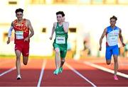 27 July 2023; Donal Martin of Team Ireland, centre, in action against Rodrigo Fito of Team Spain while competing in the boys 200m final during day four of the 2023 Summer European Youth Olympic Festival at Poljane Athletics Stadium in Maribor, Slovenia. Photo by Tyler Miller/Sportsfile