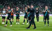 27 July 2023; Shamrock Rovers manager Stephen Bradley and his players applaud their supporters after the UEFA Europa Conference League Second Qualifying Round First Leg match between Ferencvaros and Shamrock Rovers at Ferencváros Stadion in Budapest, Hungary. Photo by David Balogh/Sportsfile