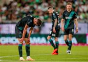 27 July 2023; Johnny Kenny of Shamrock Rovers reacts to a missed chance during the UEFA Europa Conference League Second Qualifying Round First Leg match between Ferencvaros and Shamrock Rovers at Ferencváros Stadion in Budapest, Hungary. Photo by David Balogh/Sportsfile