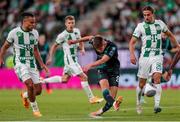 27 July 2023; Johnny Kenny of Shamrock Rovers in action against Cebrails Makreckis of Ferencvaros during the UEFA Europa Conference League Second Qualifying Round First Leg match between Ferencvaros and Shamrock Rovers at Ferencváros Stadion in Budapest, Hungary. Photo by David Balogh/Sportsfile