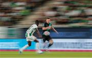 27 July 2023; Aaron Greene of Shamrock Rovers in action during the UEFA Europa Conference League Second Qualifying Round First Leg match between Ferencvaros and Shamrock Rovers at Ferencváros Stadion in Budapest, Hungary. Photo by David Balogh/Sportsfile