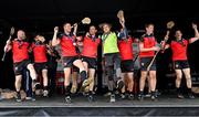 27 July 2023; Germany Red celebrate after winning the Hurling International Division 1 Plate Final during day four of the FRS Recruitment GAA World Games 2023 at the Owenbeg Centre of Excellence in Dungiven, Derry. Photo by Piaras Ó Mídheach/Sportsfile