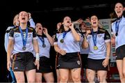27 July 2023; Germany celebrate with their runner's up medals for the Camogie International Shield Final during day four of the FRS Recruitment GAA World Games 2023 at the Owenbeg Centre of Excellence in Dungiven, Derry. Photo by Piaras Ó Mídheach/Sportsfile