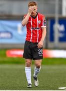 27 July 2023; Brandon Kavanagh of Derry City after his side conceded a goal during the UEFA Europa Conference League Second Qualifying Round First Leg match between Derry City and KuPS at the Ryan McBride Brandywell Stadium in Derry. Photo by David Fitzgerald/Sportsfile