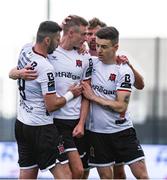 27 July 2023; Daniel Kelly of Dundalk celebrates with teammates after scoring their side's first goal during the UEFA Europa Conference League Second Qualifying Round First Leg match between KA and Dundalk at the Framvöllur in Reykjavik, Iceland. Photo by Haflidi Breidfjord/Sportsfile