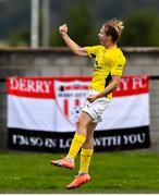 27 July 2023; Axel Vidjeskog of KuPS celebrates after scoring his side's first goal during the UEFA Europa Conference League Second Qualifying Round First Leg match between Derry City and KuPS at the Ryan McBride Brandywell Stadium in Derry. Photo by David Fitzgerald/Sportsfile